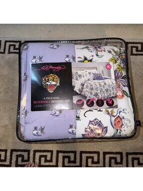 Ed Hardy Flowers &Butterflies KING Set Reversible Comforter,Shams,Sheets &Pillow
